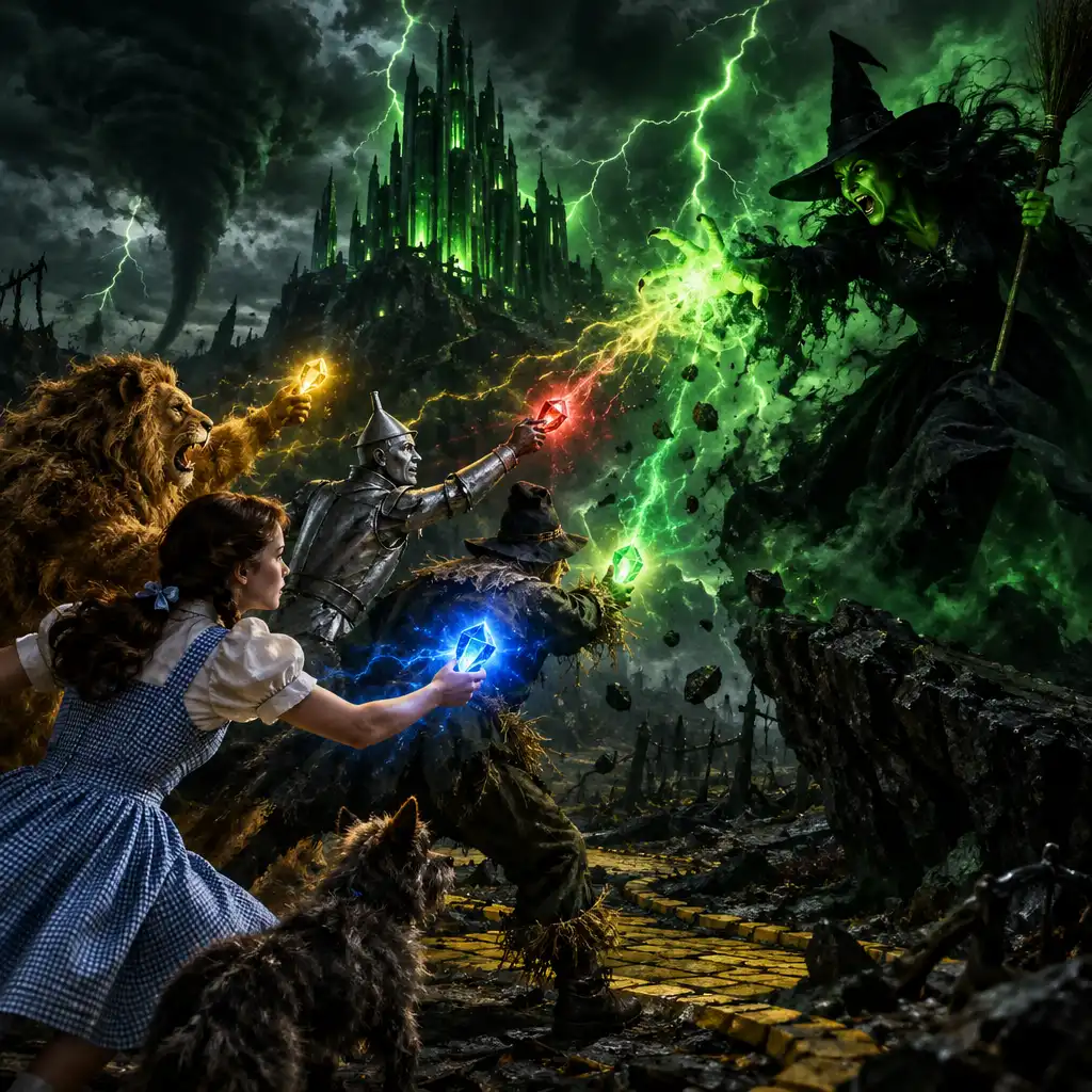 Dramatyczna ilustracja walki z Wicked Witch of the West rzucającą zaklęcie, podczas gdy Dorotka i przyjaciele odpowiadają magicznymi klejnotami