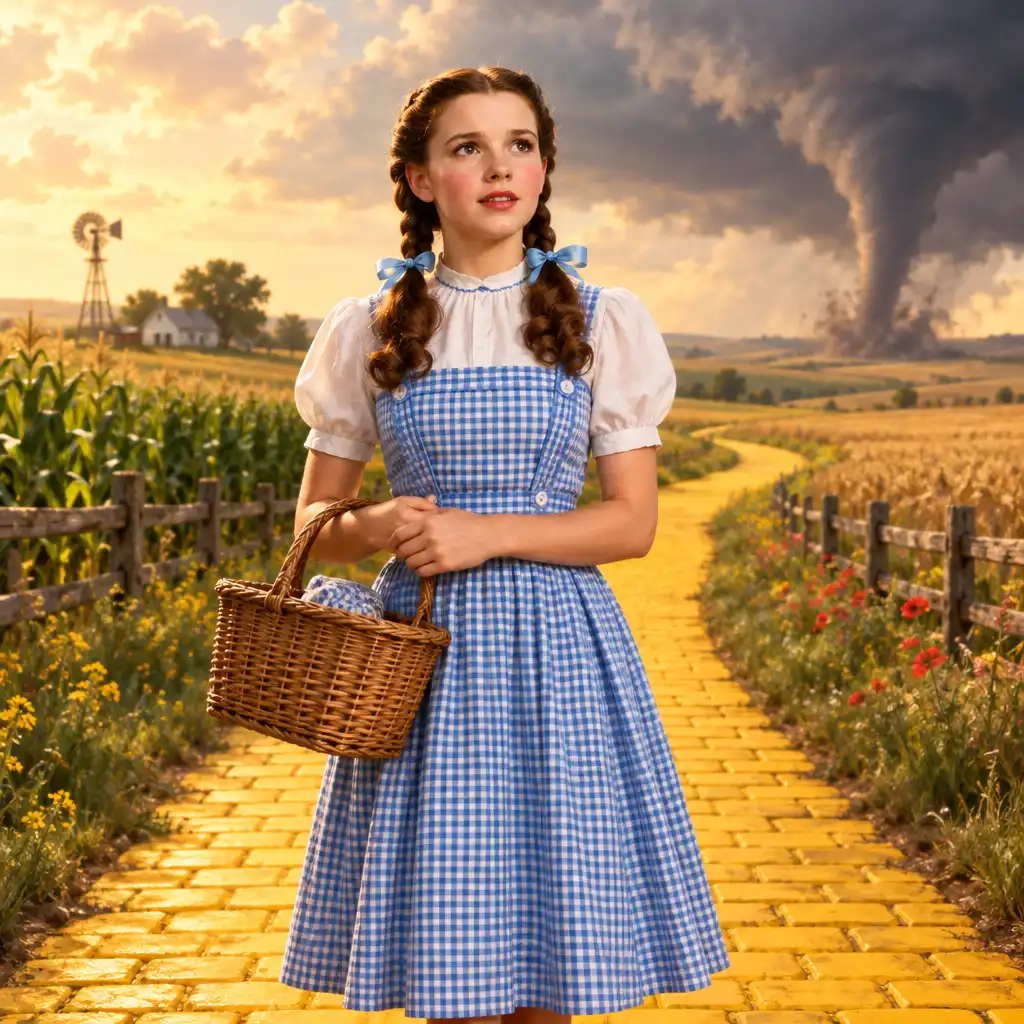 Dorothy Gale w niebiesko-białej sukience z koszykiem na żółtej ceglanej drodze