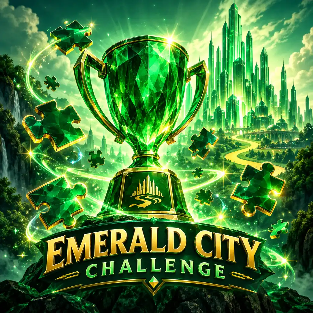 Ilustracja Emerald City Challenge ze świecącym szmaragdowym trofeum otoczonym elementami układanki i iskierkami na tle Szmaragdowego Grodu