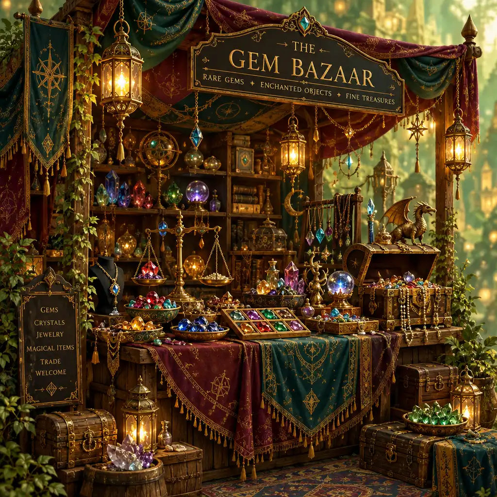 Ilustracja Gem Bazaar, eleganckiego straganu udekorowanego tkaninami i wypełnionego kolorowymi klejnotami oraz magicznymi przedmiotami