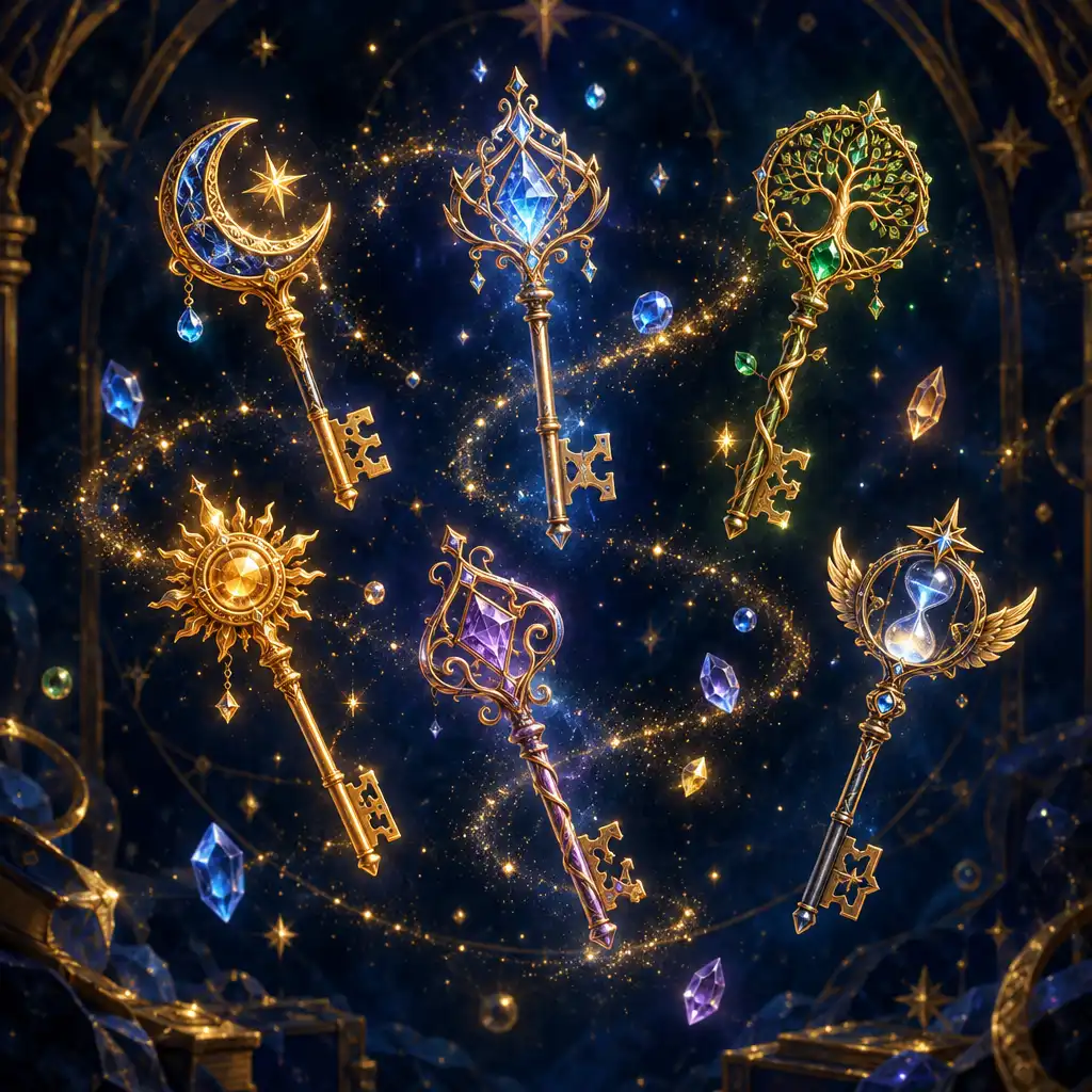 Ilustracja magicznych kluczy unoszących się w powietrzu, każdy o innym zdobieniu, otoczonych iskrzącym pyłem i klejnotami