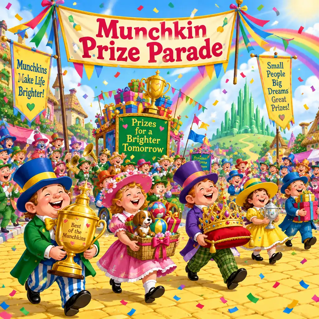 Ilustracja Munchkin Prize Parade z kolorowymi banerami, konfetti i paradą Munchkinów niosących nagrody