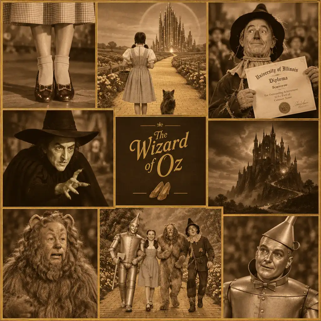 Kolaż kultowych momentów filmowych z Czarnoksiężnika z Krainy Oz, takich jak Dorotka stukająca obcasami i zamek Wicked Witch