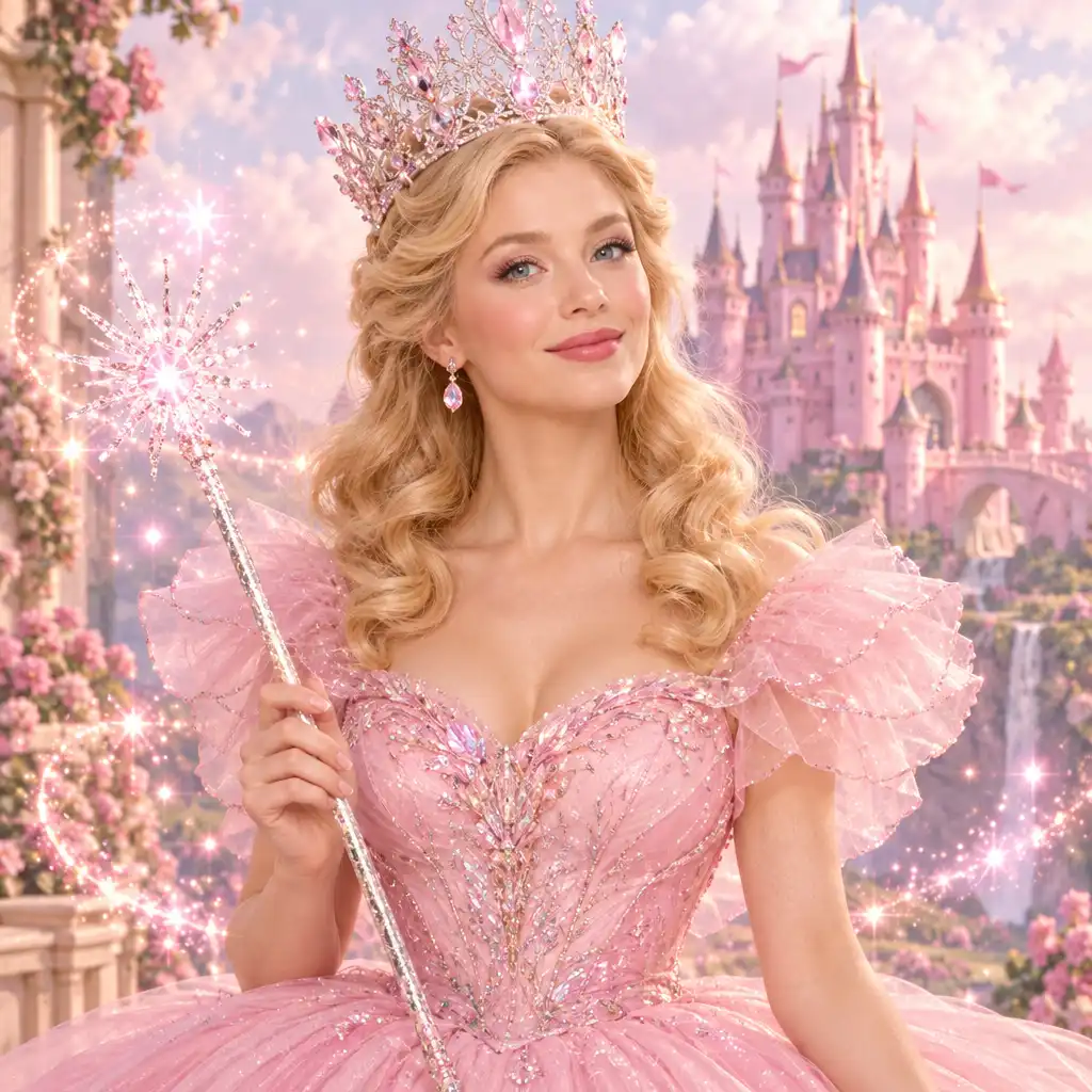Dobra Czarownica Glinda w różowej sukni z różdżką w otoczeniu magicznych iskier