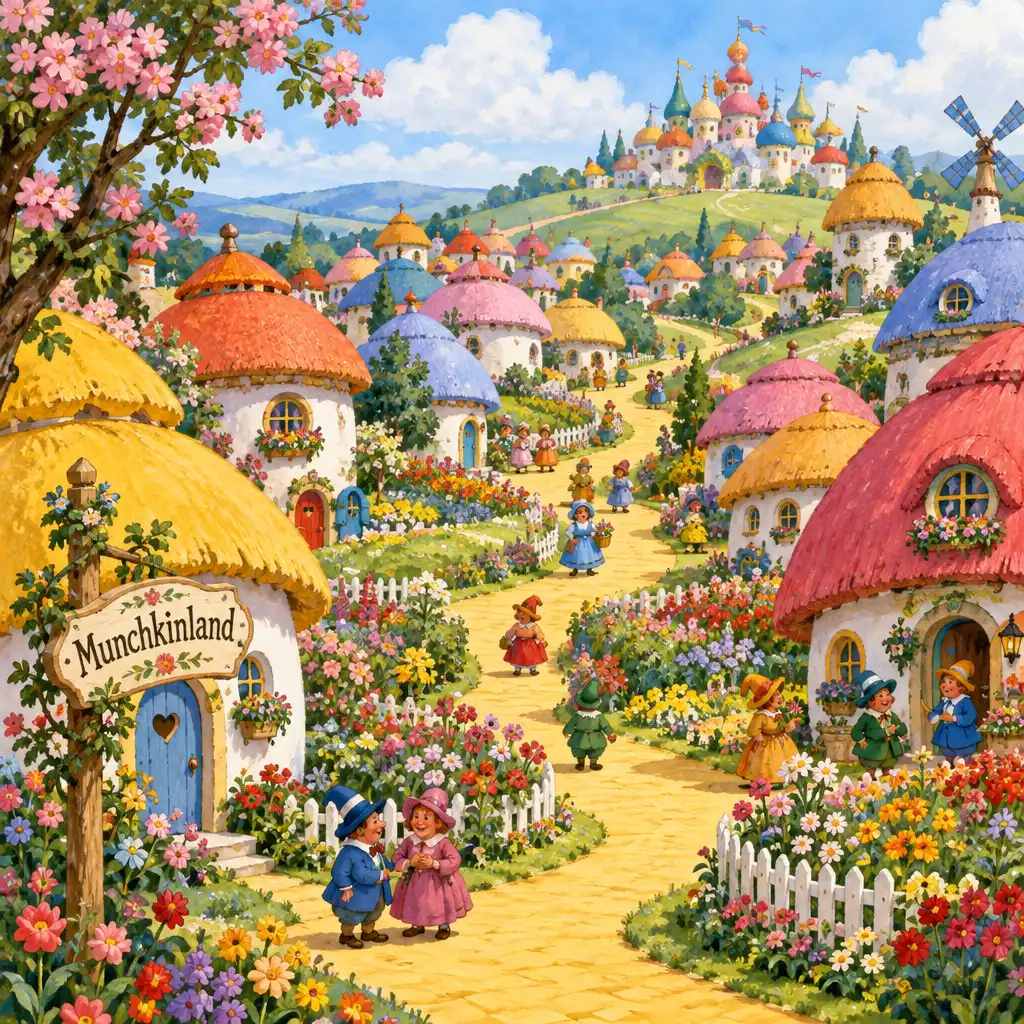 Ilustracja Munchkinland z kolorowymi okrągłymi domkami, ogrodami kwiatowymi i małymi postaciami Munchkinów