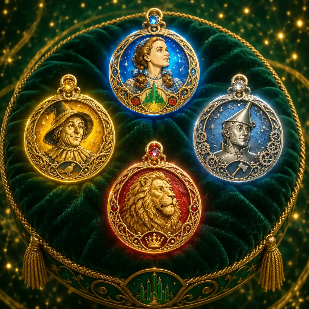 Kolekcja magicznych medalionów z emblematami Dorotki, Stracha na Wróble, Blaszanego Drwala i Lwa, ułożonych na aksamitnej poduszce